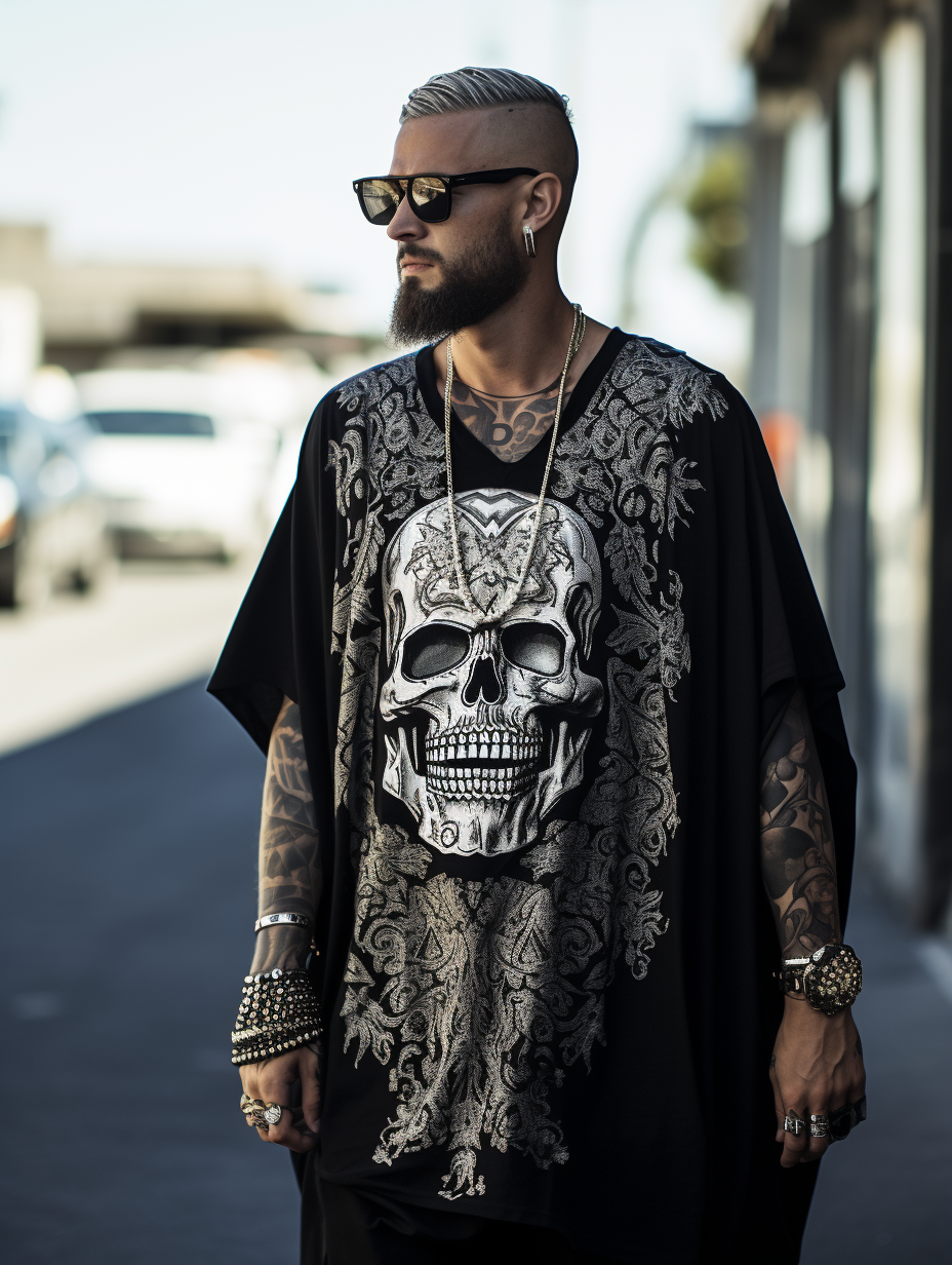 Black Skull Printed V-neck Men Kaftan Long Caftan