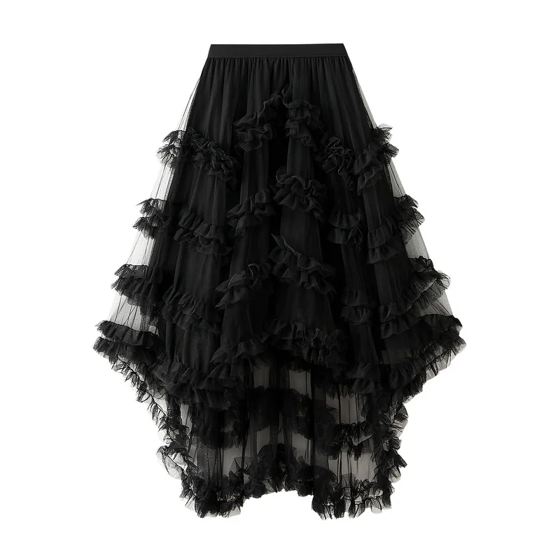Nigikala Nigikala Skirt Candy Loose Waist Fairy Net Yarn Skirt Fluffy Irregular Lotus Leaf Side Cake Skirt 1376