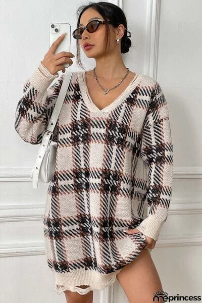 Plaid V-Neck Long Sleeve Sweater Dress
