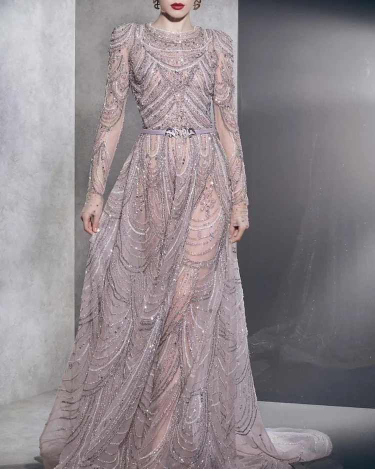 Fully Embellished A-Line Long Sleeve Gown