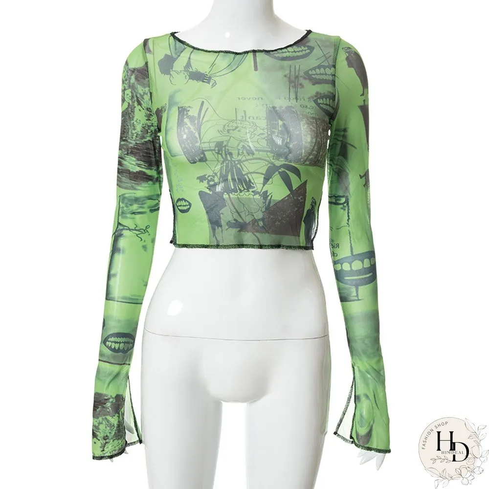 Sexy see through crop top vintage graphic print green mesh sheer t-shirt long flare sleeve