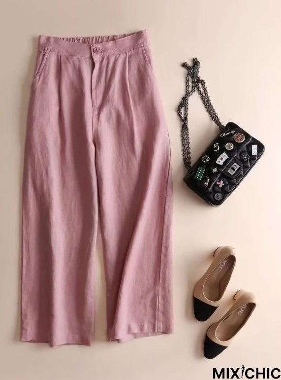 Women Linen Casual Pants Solid  Pockets Elastic Straight Pants