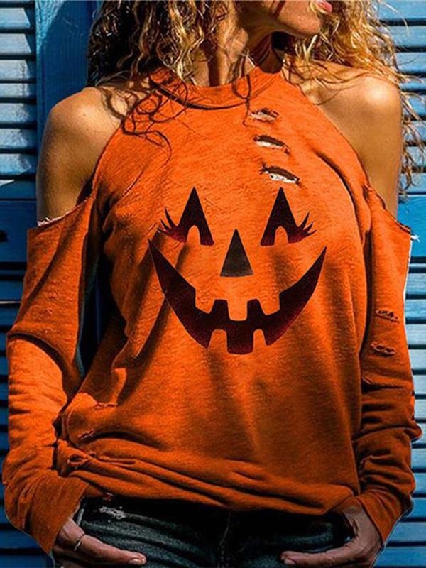 Halloween Pumpkin Printed Casual Cold Shoulder Long Sleeve Tops