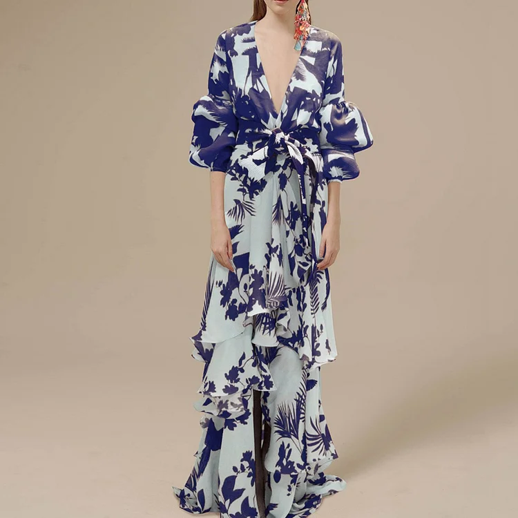 Sexy Deep V Neck Irregular Ruffle Bohemian Party Fashion Maxi Dress