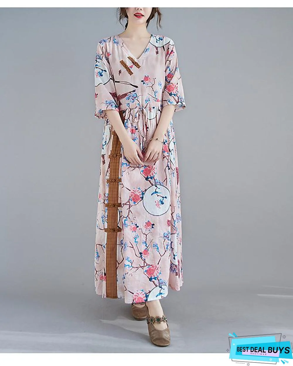 Women's Swing Dress Maxi Long Dress 3/4 Length Sleeve Floral Spring Summer Casual Blushing Pink Light Blue