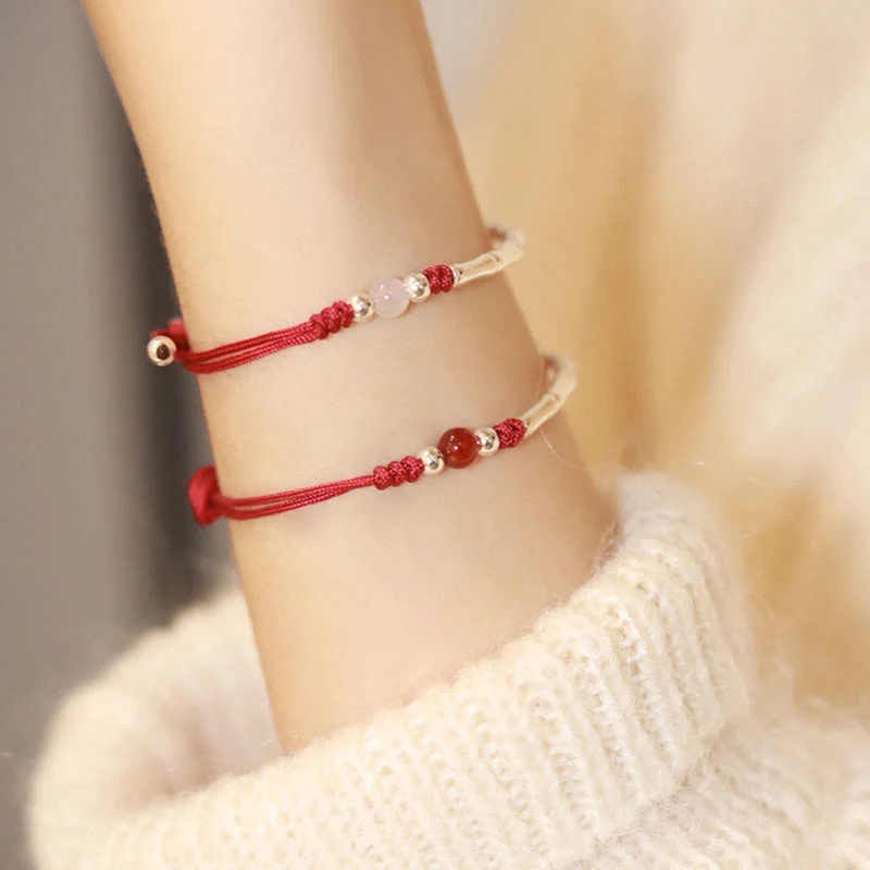 Bamboo White Agate Red Agate 925 Sterling Silver Bead Protection String Braided Bracelet
