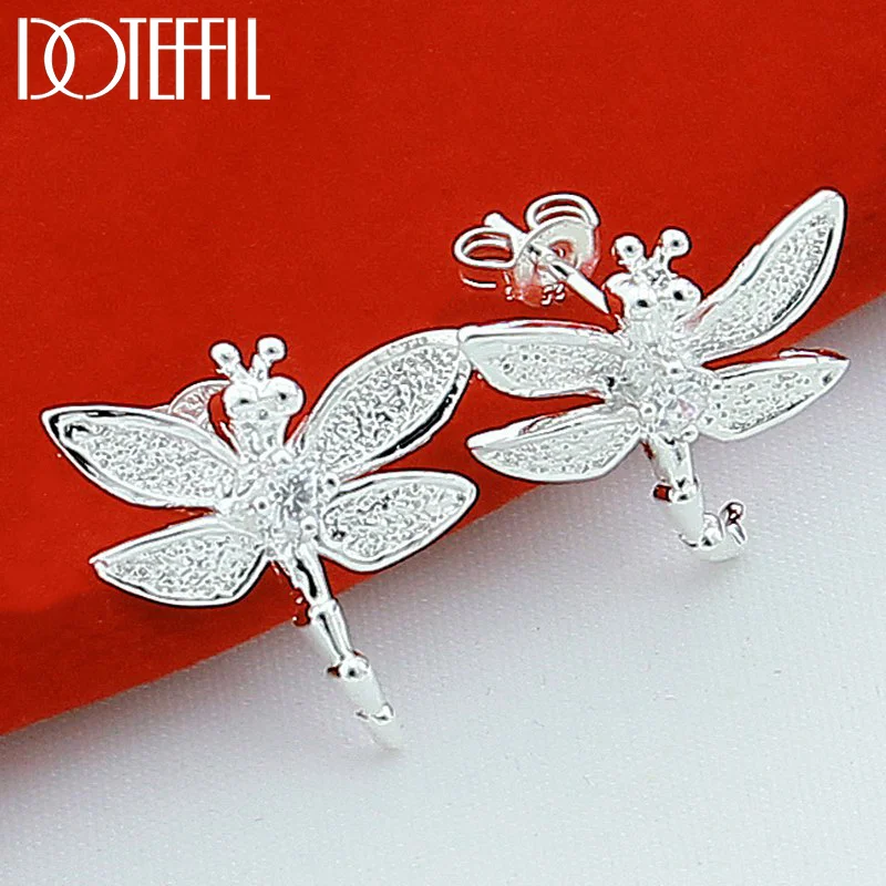 DOTEFFIL 925 Sterling Silver Dragonfly Stud Earrings For Woman Jewelry