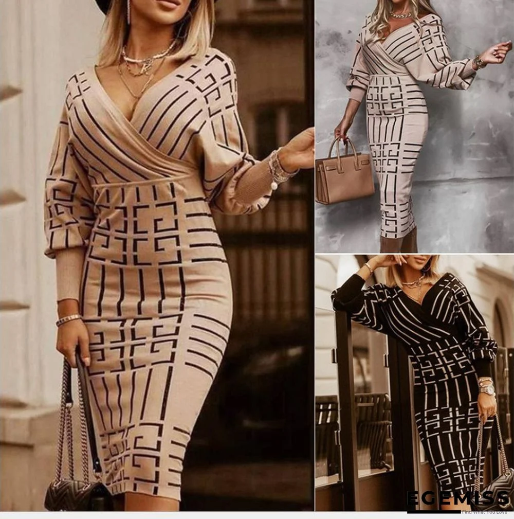 Fashion Printed Long Sleeve V-neck Waist Pack Hip Dress | EGEMISS