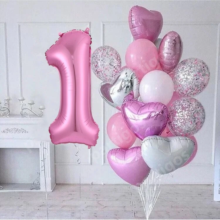 Christmas Gift 15pcs/lot girl Birthday Balloons with 30inch pink Number baloon 3/3rd Birthday Party Decor Kids anniversaire 9/1/3 years old