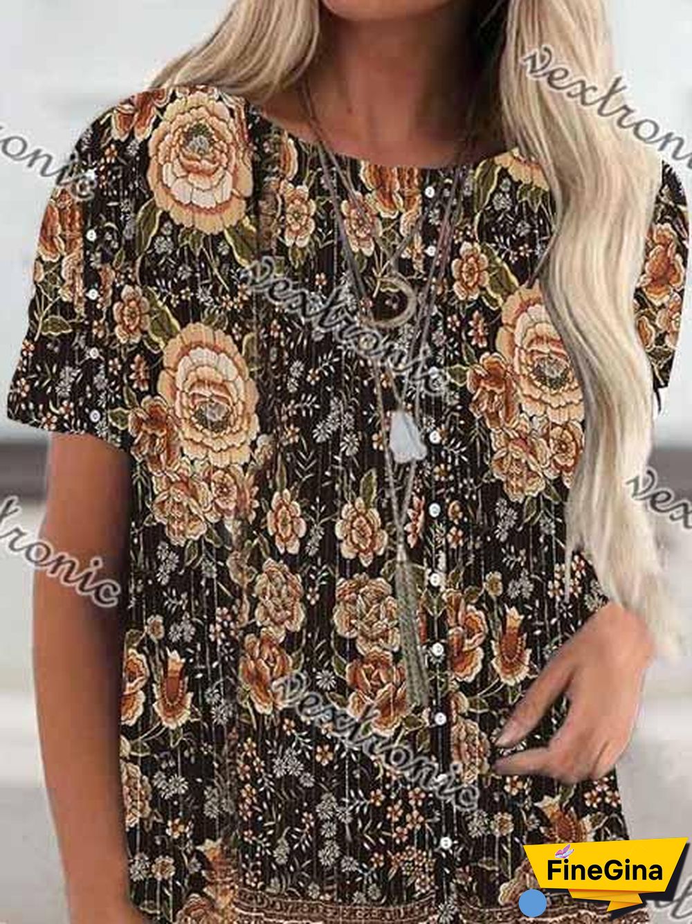 Women Short Sleeve Scoop Neck Floral Printed Stitching Top