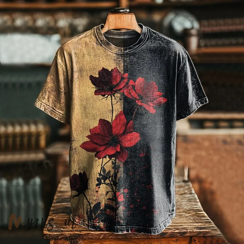 Eagerlys Unisex Retro Rose Flower Art Print T-shirt Eagerlys
