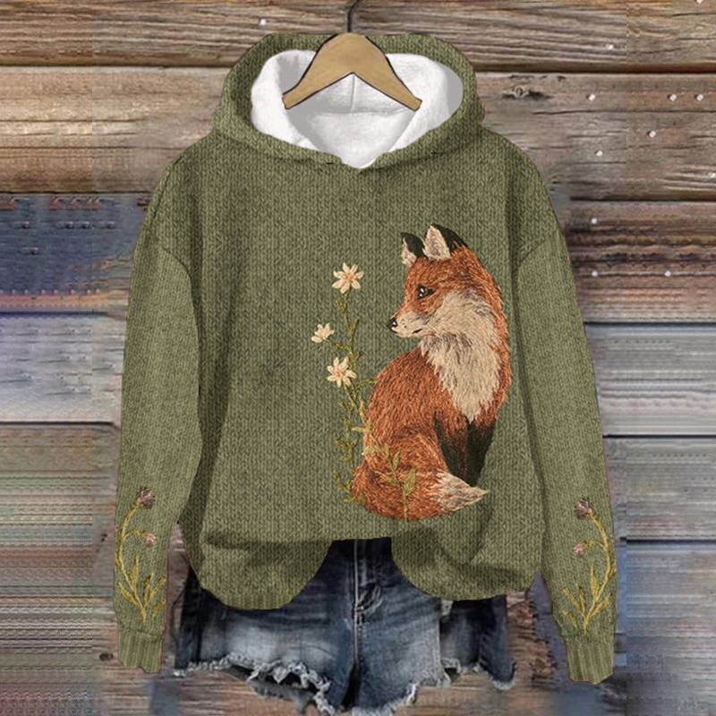 Women's Fox Print Hooded Collar Casual Hoodie wearshes