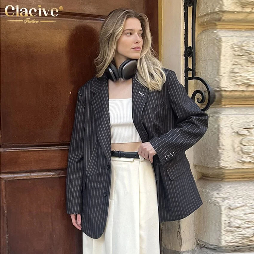 Uforever21 Fall Outfits  Fashion Stripe Print Blazer Woman 2023 Winter Lapel Long Sleeve Office Lady Coat Elegant Loose Classic Jacket Female