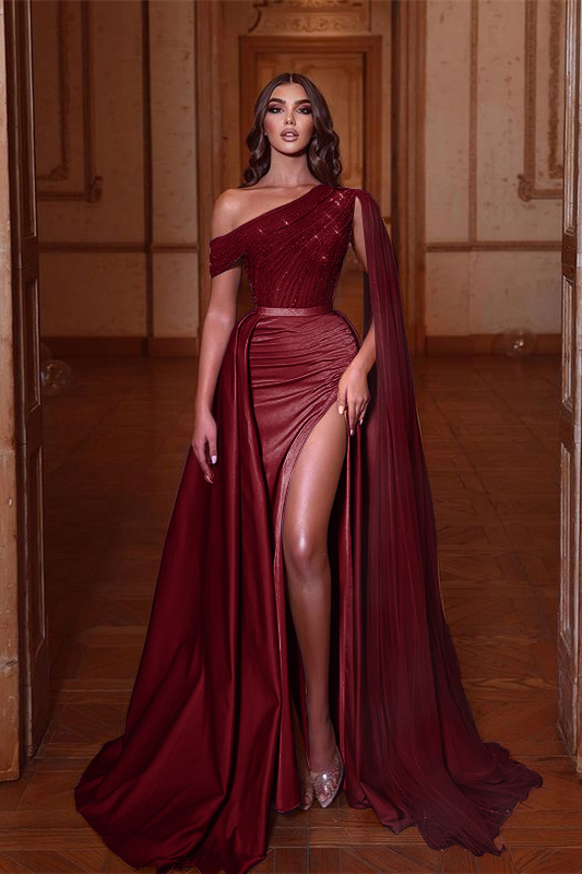 Miabel Lilac One-Shoulder Mermaid Beadings Prom Dress Split With Ruffles