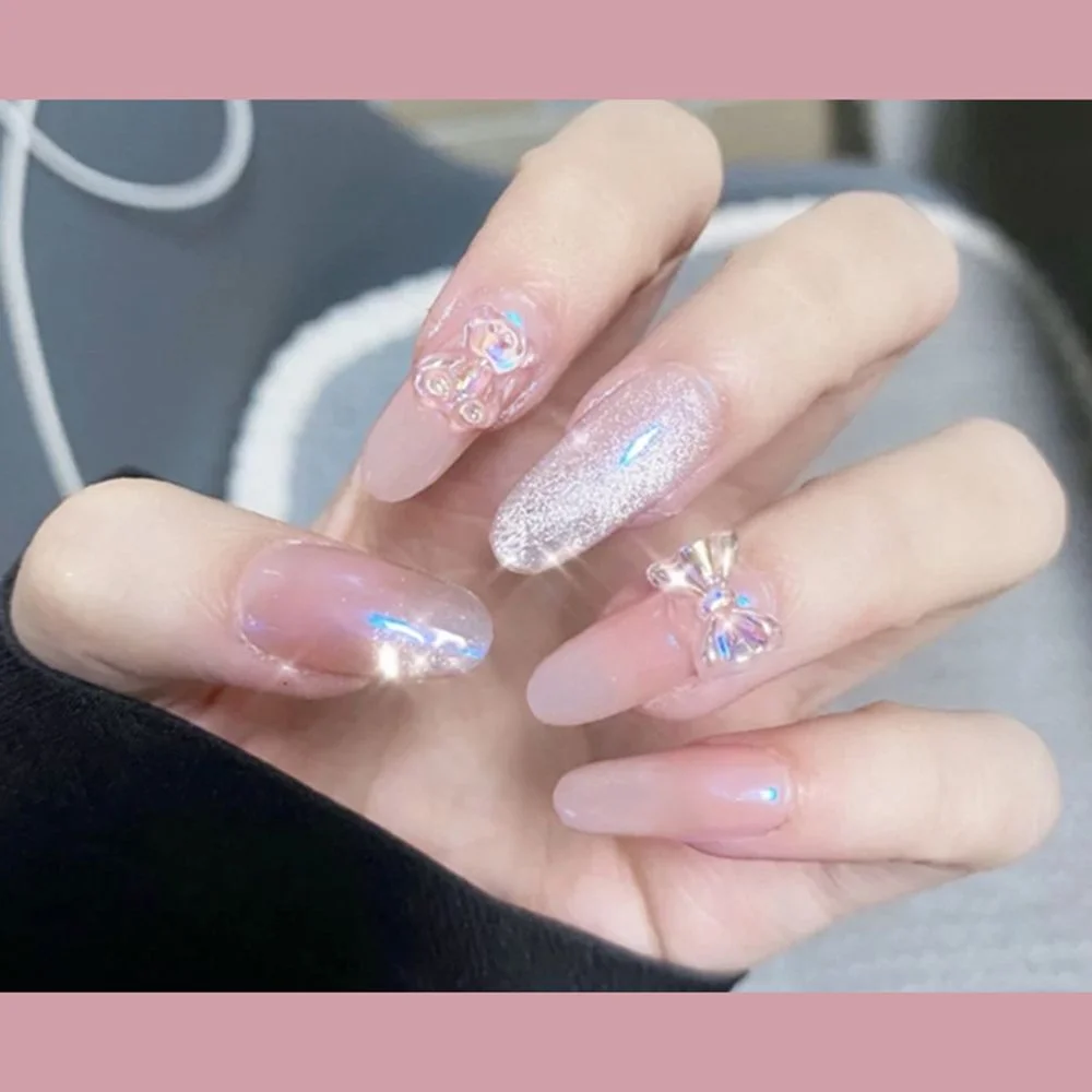 Wearable Love Spotted Sequin Bow Almond Ballerina False Nails Artificial Fake Nails Full Cover Square Head Nail Tips Manicure