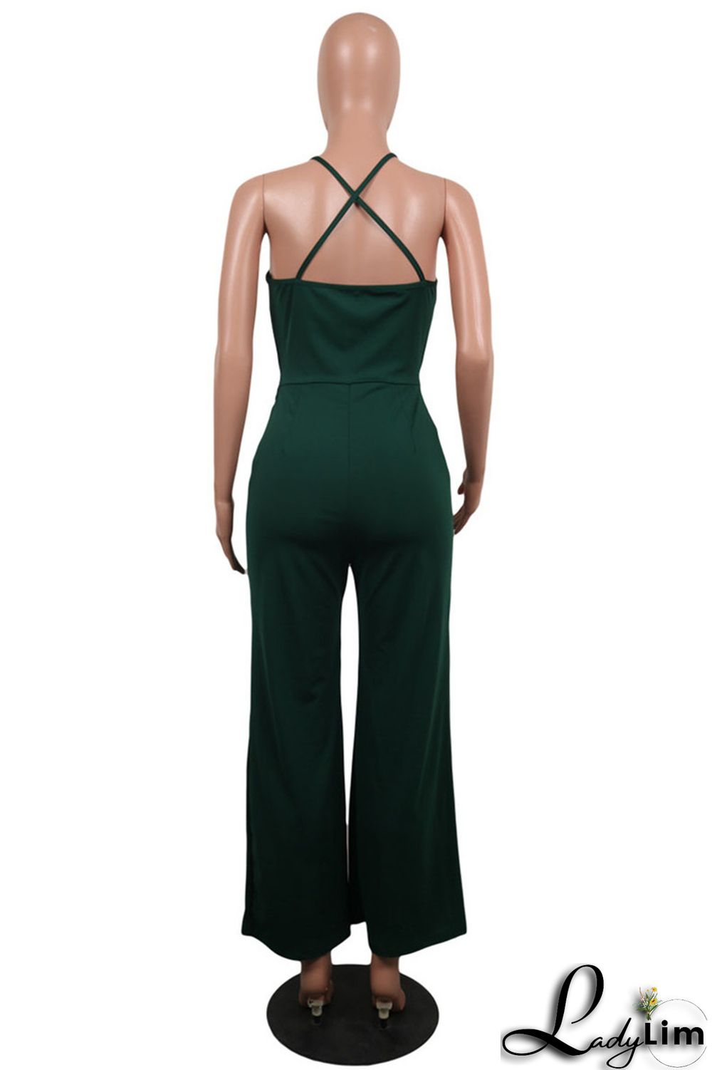 Army Green Sexy Casual Solid Backless V Neck Regular Jumpsuits