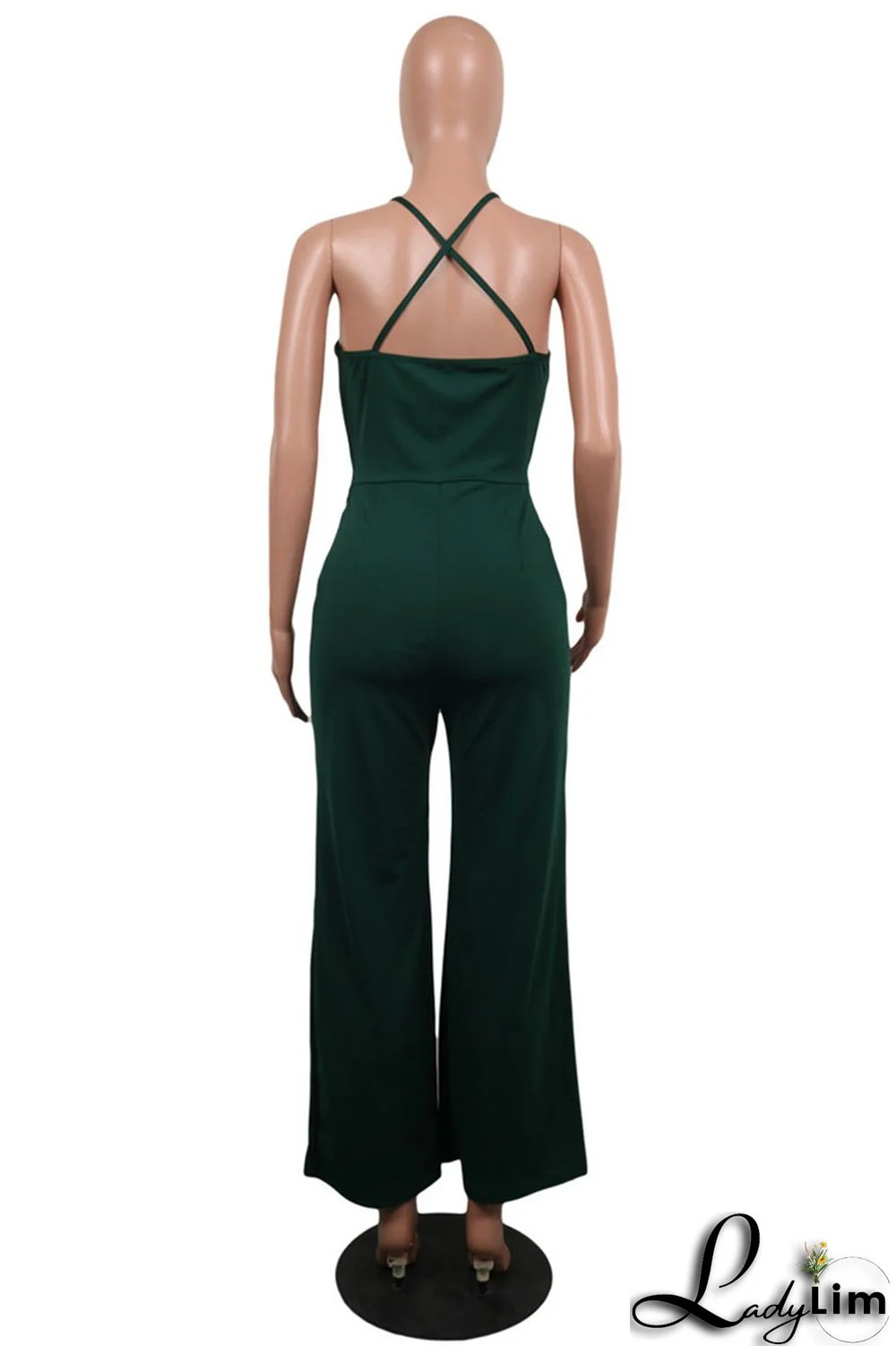 Army Green Sexy Casual Solid Backless V Neck Regular Jumpsuits