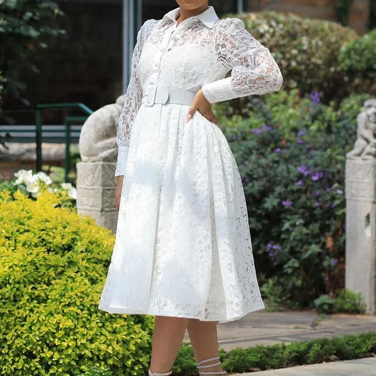 Solid Long Sleeve Button Detailed Lace Midi Dress - IRBOOM Fashion Clothing