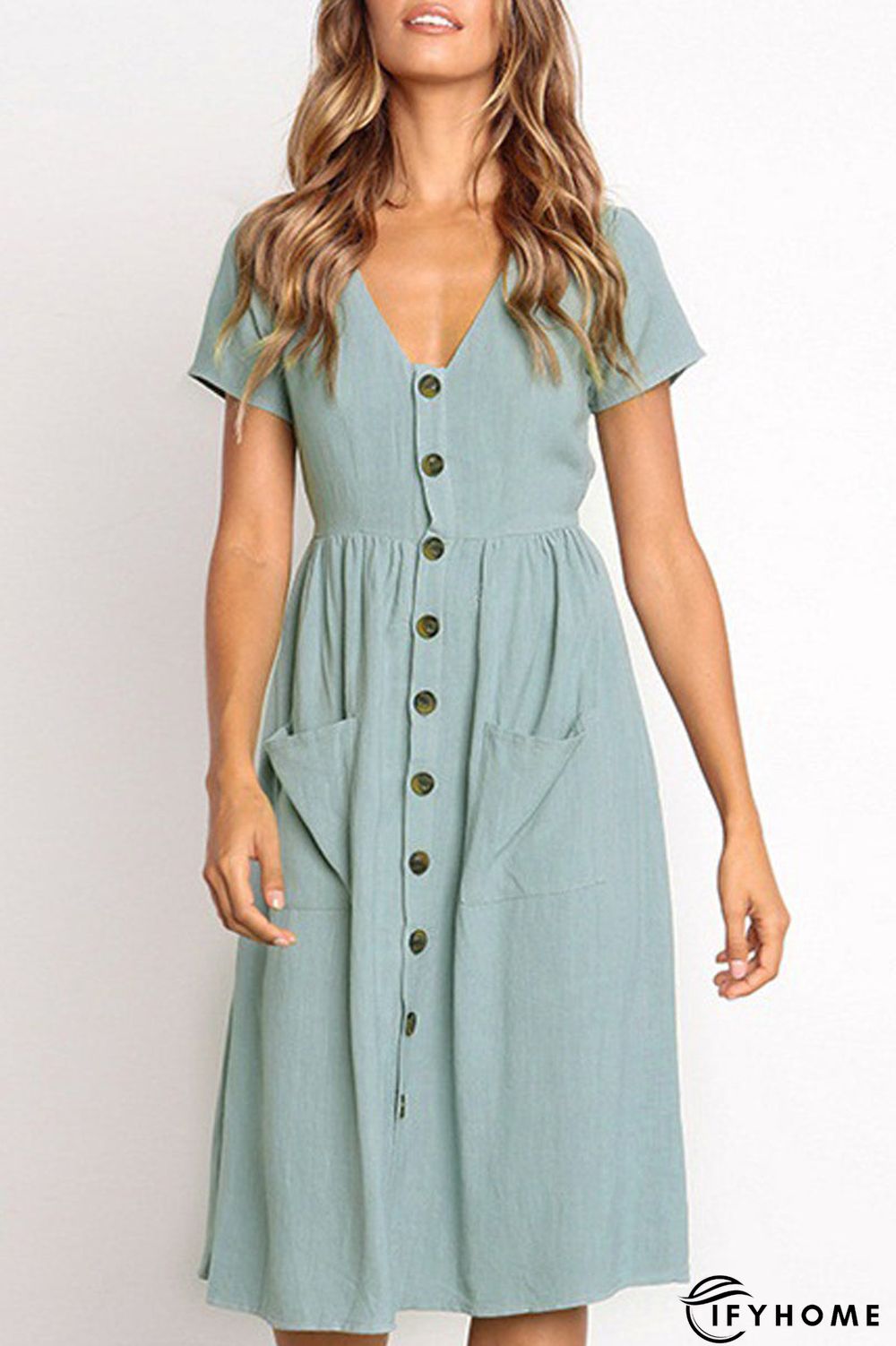 V-Neck Button Pocket Short Sleeve Midi Dress | IFYHOME