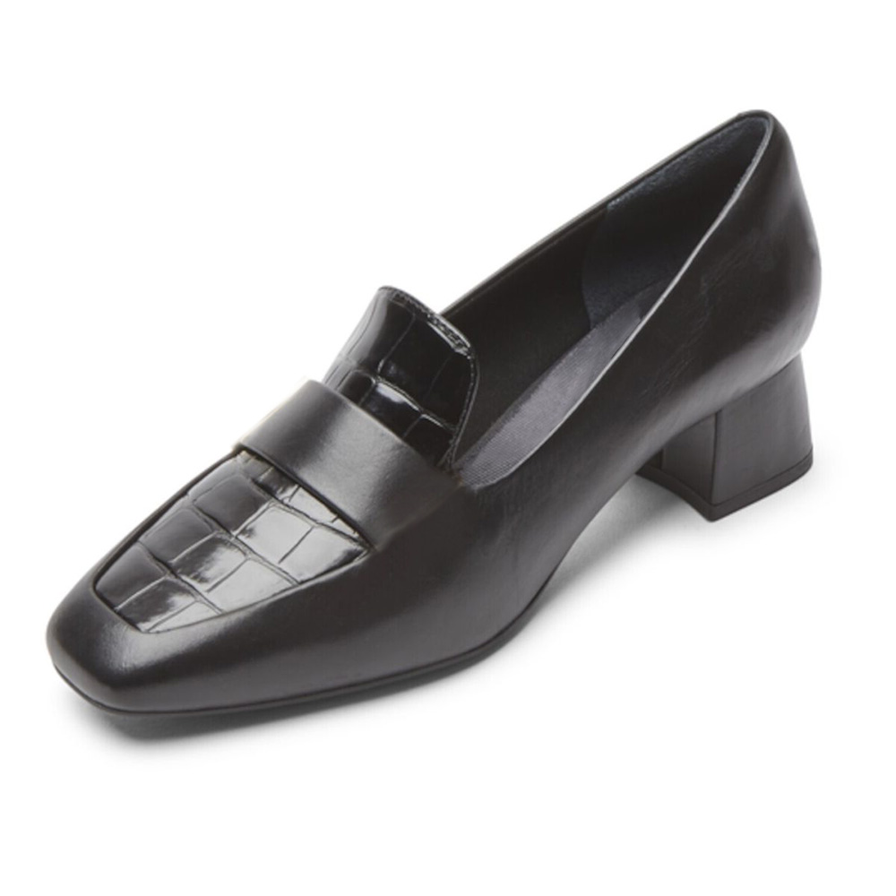 Black Patent Leather Square Toe Block Heel Loafers Nicepairs