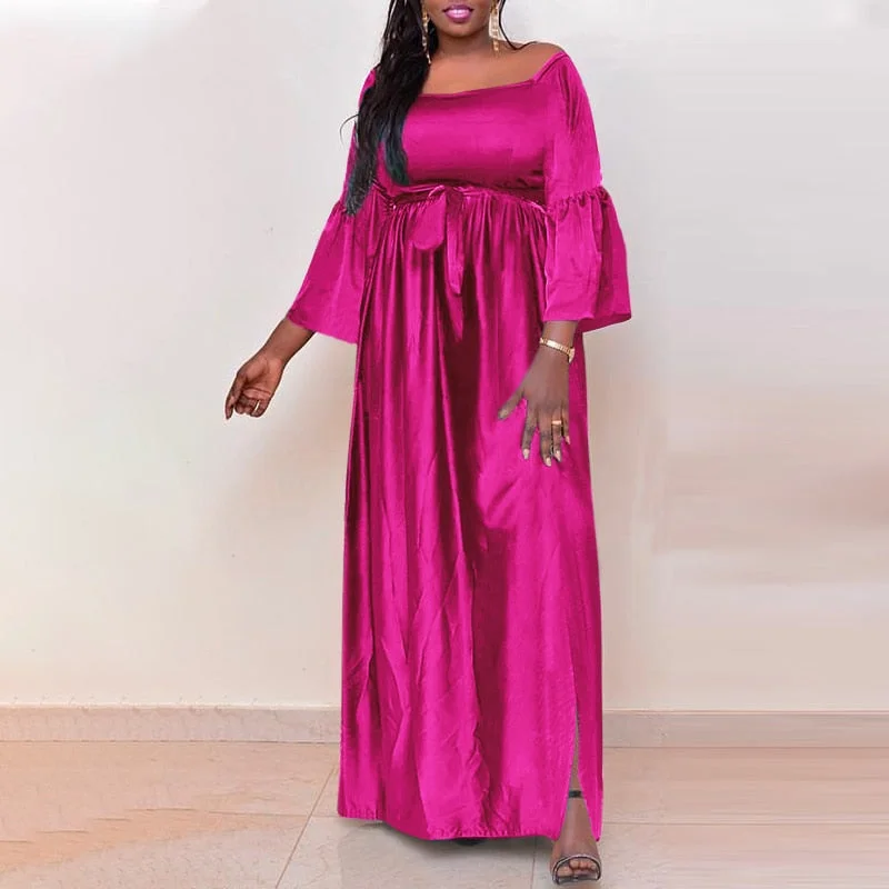 Women Off Shoulder Dress 2022 VONDA Vintage Tunic Long Maxi Dress Summer Beach Sundress Casual Side Slit Vestido Robe Femme