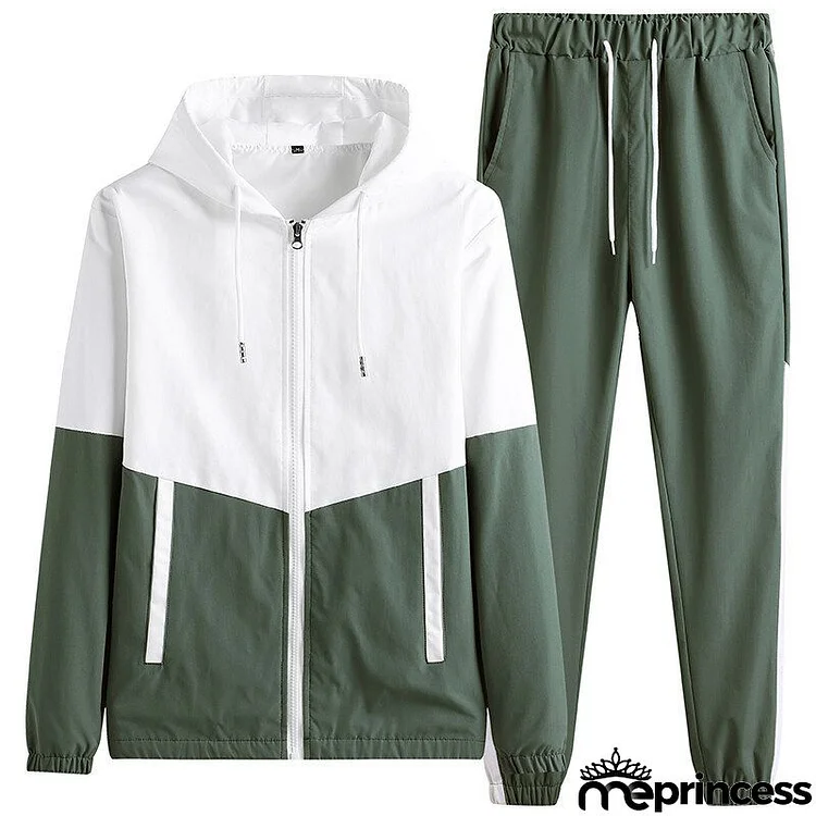 Men Spring Autumn Casual Sports Color-Blocked Hooded Long-Sleeved Zipper Coat Pants Plus Size Sets