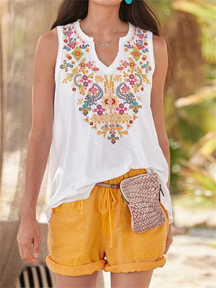 Summer Women's Floral Print A-line V-neck Top Sleeveless T-shirt Loose Comfortable Casual Wind Undershirt S,M,L,XL,2XL,3XL,4XL,5XL-Cosfine