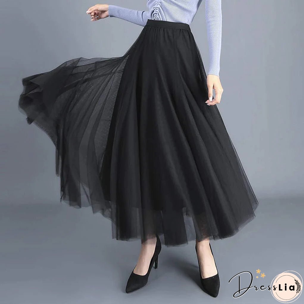 Women's Skirt Swing Tulle Long Skirt Maxi Black Pink Khaki Beige Skirts Pleated Layered Tulle Vintage Elegant Street S M L