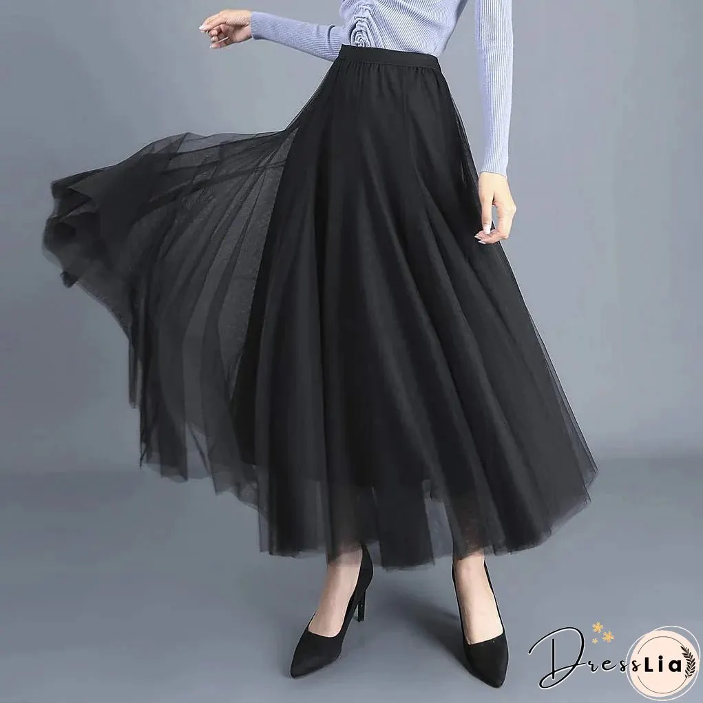 Women's Skirt Swing Tulle Long Skirt Maxi Black Pink Khaki Beige Skirts Pleated Layered Tulle Vintage Elegant Street S M L