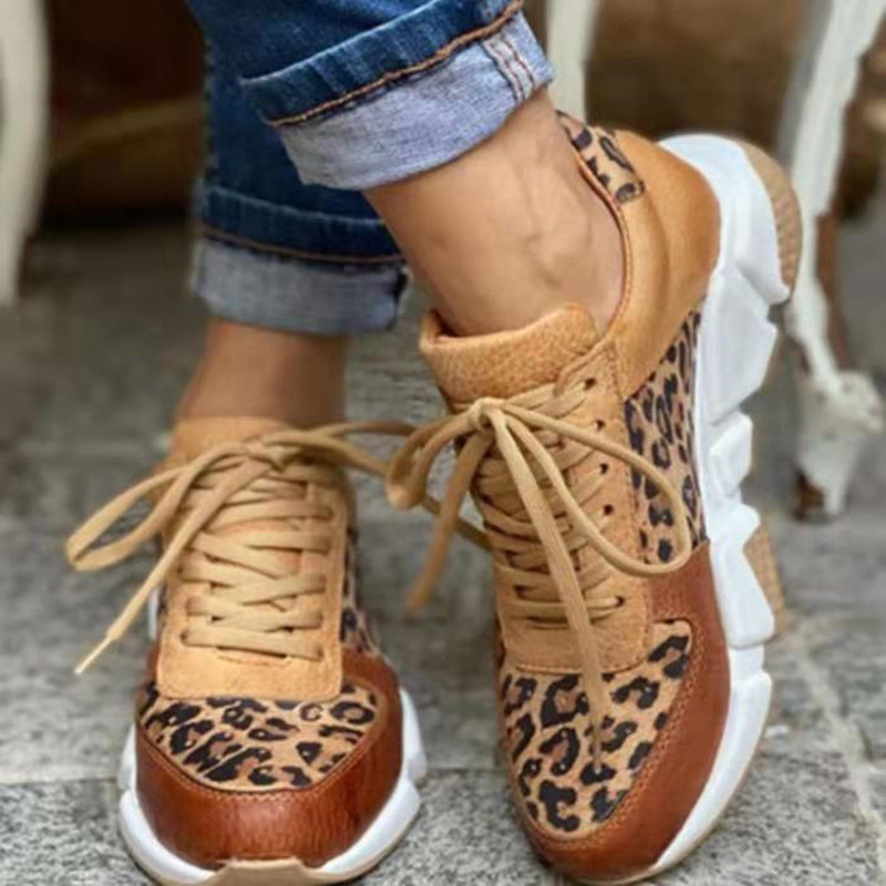 Qjong Plus size 36-44 New Thick-soled Round Toe Low-top Leopard Print Women's Singles Cross-large Stitching Lace-up Sneakers