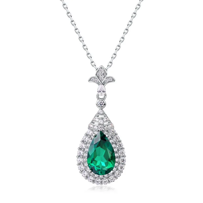   Laboratory Grown Emerald Drop Pendant Necklace 18K Gold PT950 Platinum Colored Treasure Clavicle Chain 