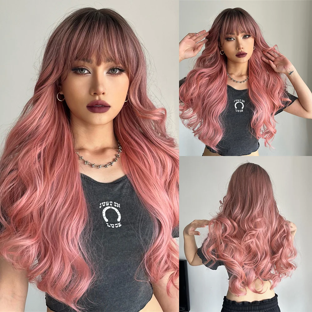 Jewtribute Hair®|Long Body Wave Brown Pink Synthetic Wigs with Bangs 