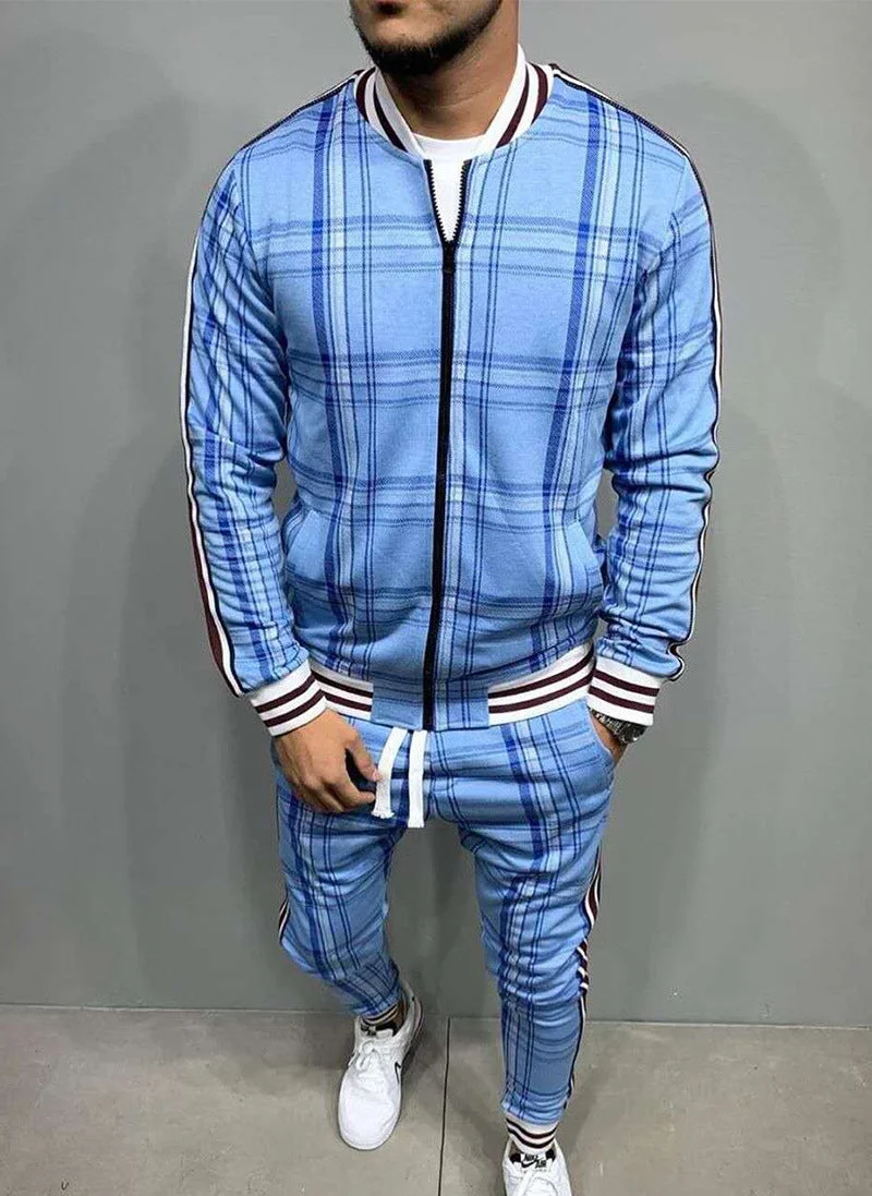 Men's Plaid Cardigan Jacket Trousers Sports Suit