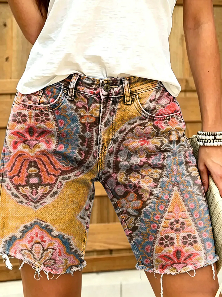 Women's Vintage Paisley Medallion Print Frayed Hem Denim Bermuda Shorts