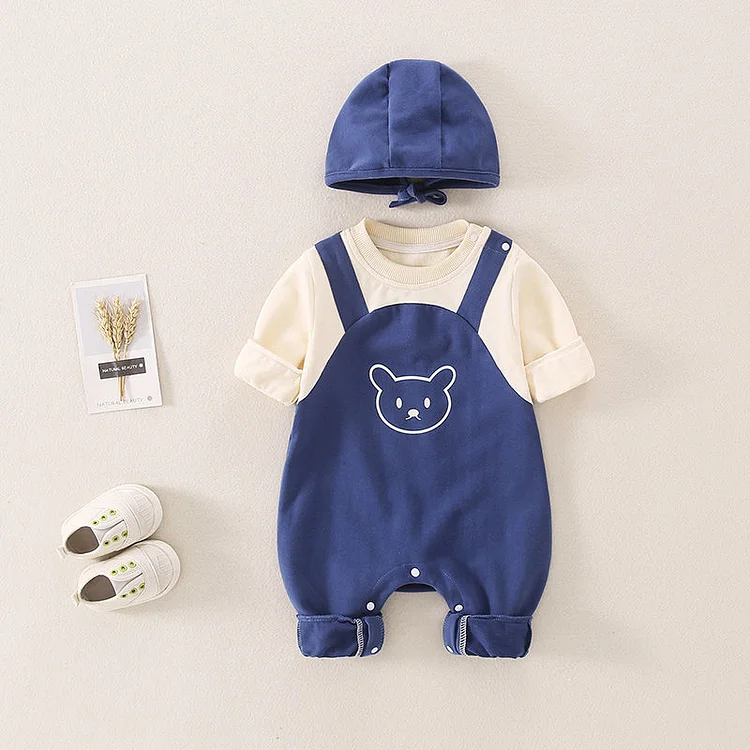 2pcs Organic Cotton Baby Boy Mock Two-Piece Overalls & Hat Romper Set