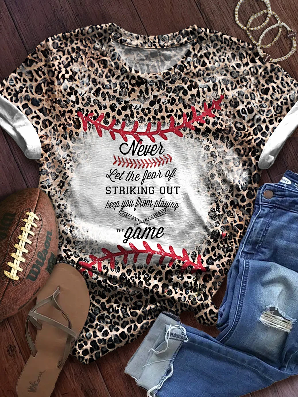 Vintage Leopard Baseball Printed Crew Neck T-shirt