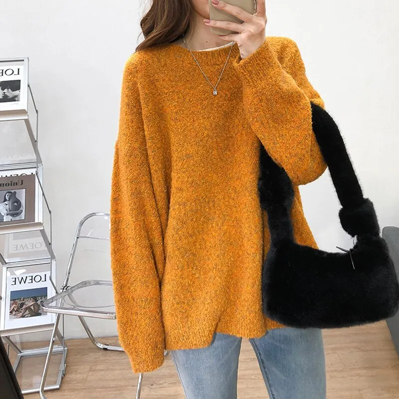 Autumn and winter women's sweater casual solid color round neck long sleeve loose sweater