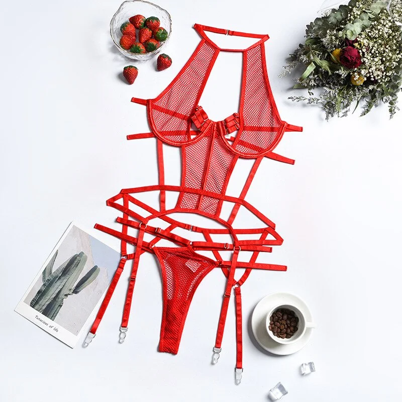 MIRABELLE Sexy Lingerie Deep V Porno Mesh Body See Through Halter Bodysuit Women Metal Chain Exotic Sets Erotic Costumes