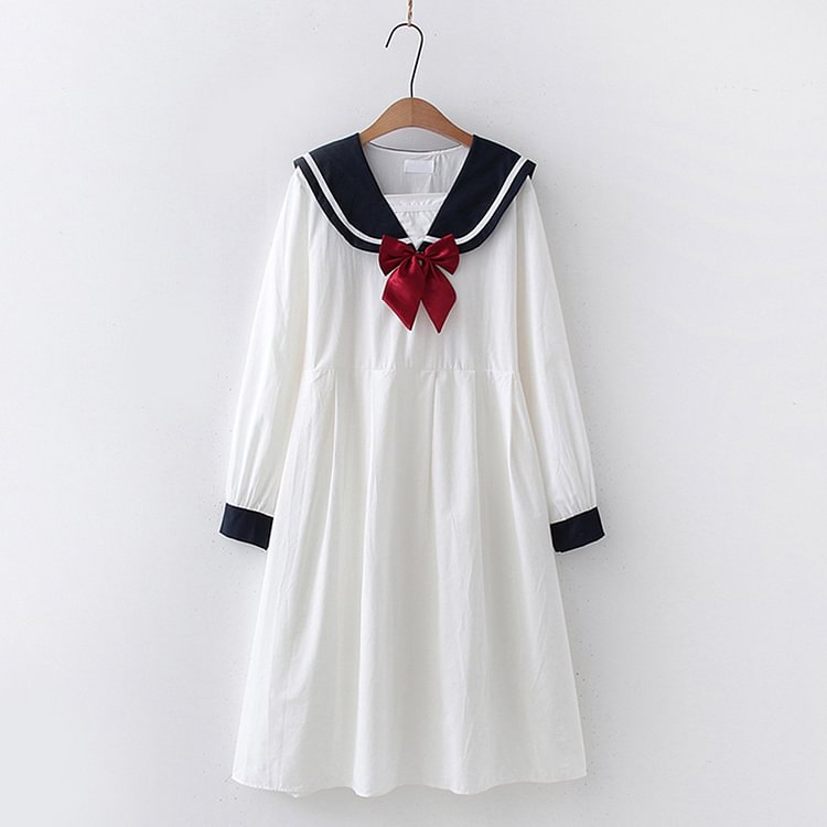 Bow Decor Sailor Collar Long Sleeve A-line Dress - Modakawa modakawa