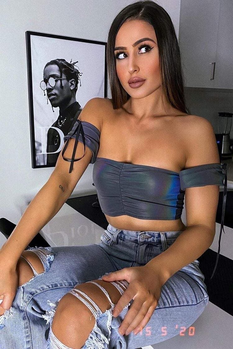 Grey Iridescent Off The Shoulder Ruched Front Crop Top Katch Me