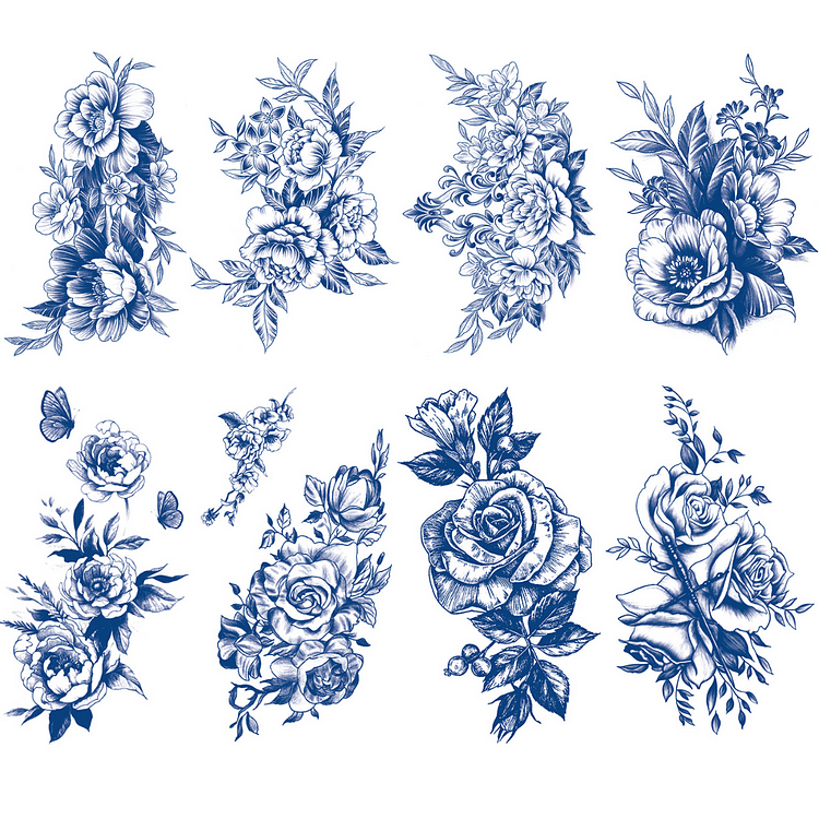 8 Sheets Flowers Half Arm Juice Ink Semi-Permanent Tattoo Lasts 15 days