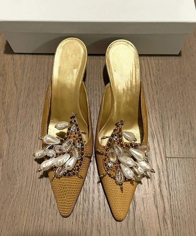 Golden Slide Sandals 2025 New French Pointed Toe Bead Decorated