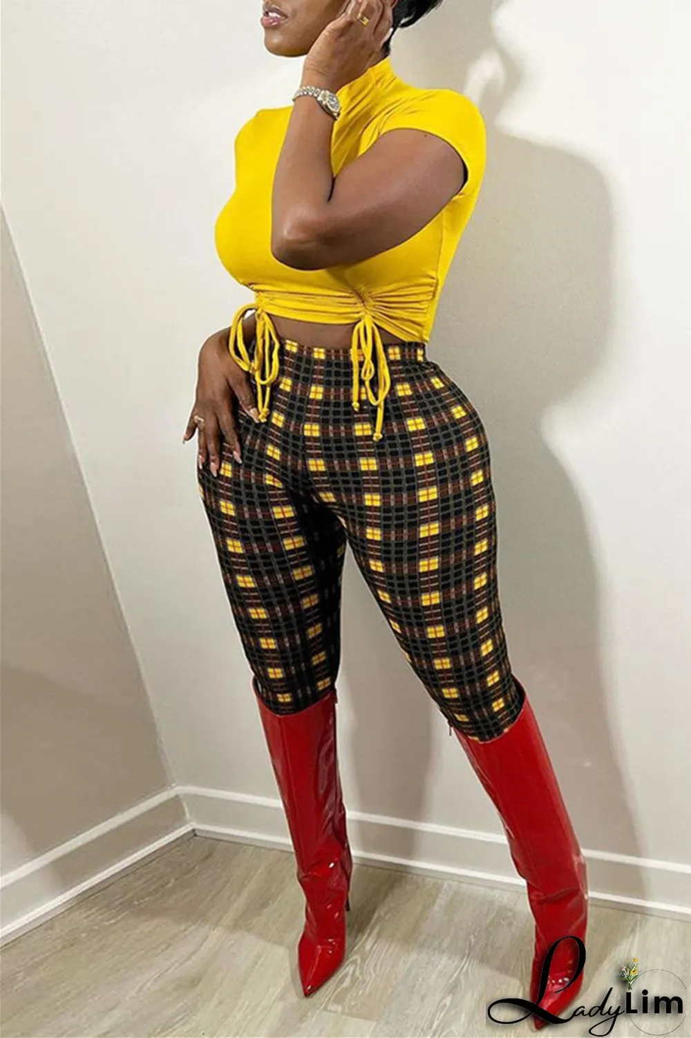 Yellow Fashion Casual Print Basic Skinny High Waist Pencil Trousers