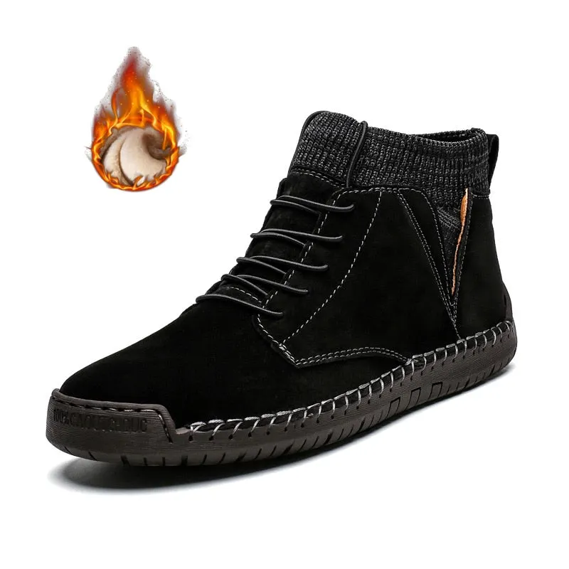 Nine o'clock 2020 Quality Winter Men's Leather Boots Outdoor Comfortable Elastic Sock Male Shoes Casual High-Top Lace-up Boots