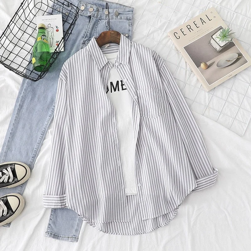 Women Blouses Shirts Tunic Womens Tops 2020 Womenswear Long Sleeve Clothing Button Up Down Striped 2020 New Pink Gray Casual
