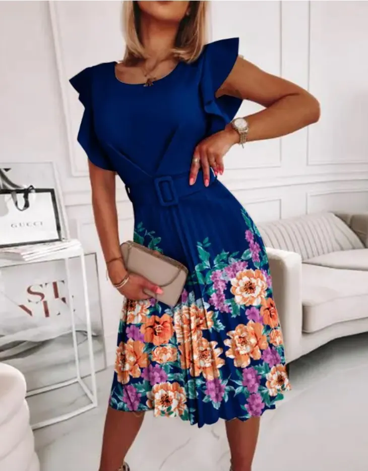 Beautiful Pleated Print Dress For Women summer new crew neck waist belt ruffled short fly