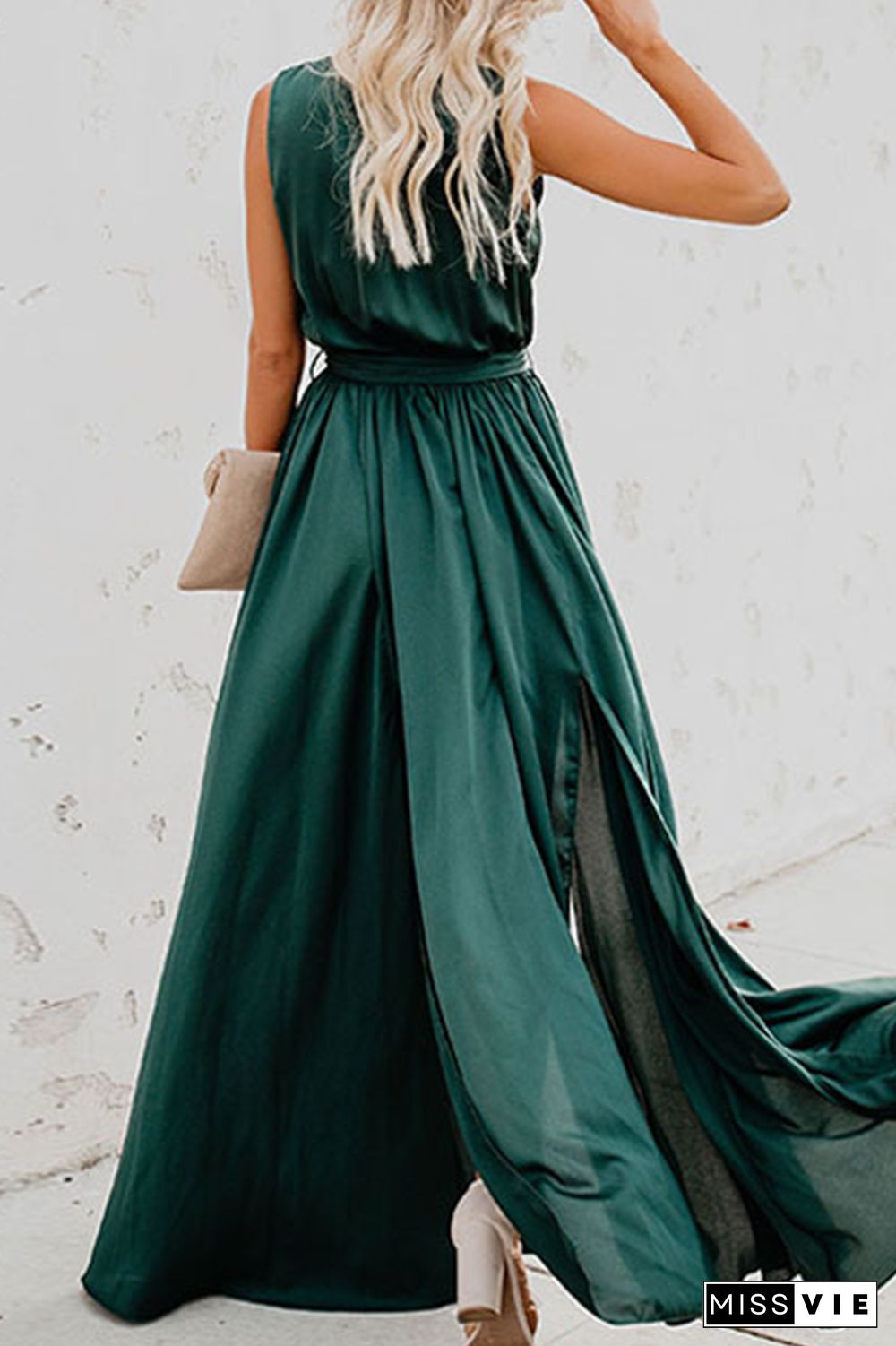 Casual Bohemian Solid High Opening With Belt V Neck Dresses