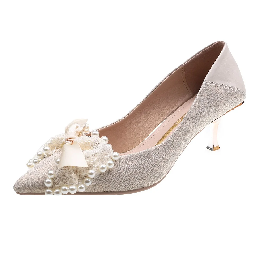 2022 Spring New Lace Bowknot Women Pumps Fashion Pearl Thin High Heels Wedding Party Shoes Woman Sexy Pointed Toe Sandals