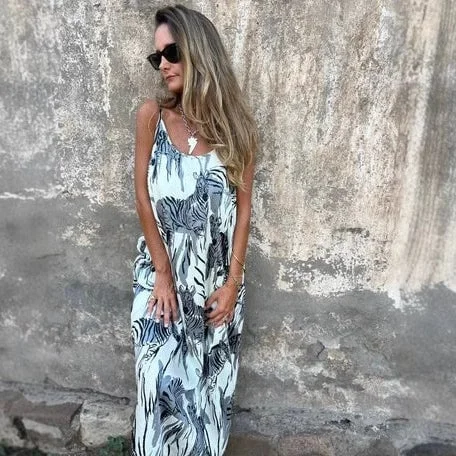 💙LAST DAY SALE 49% OFF💙Women's Printed Spaghetti Strap Backless Dress 