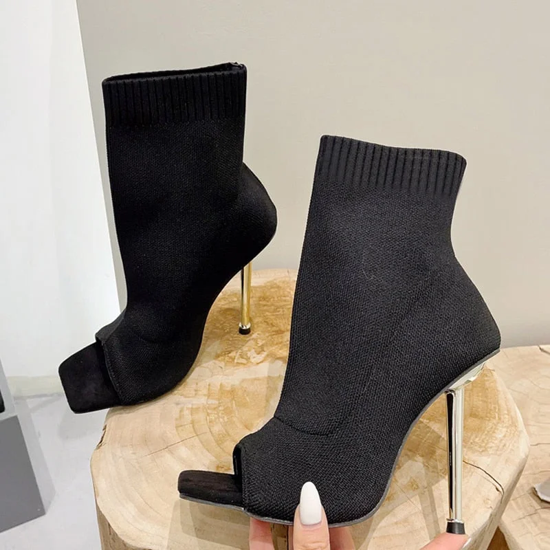 2022 Spring Square Peep Toe Stretch Fabric Knitting Ankle Sock Boots Women Fashion Thin High Heels Dance Shoes Botas Beige Mujer